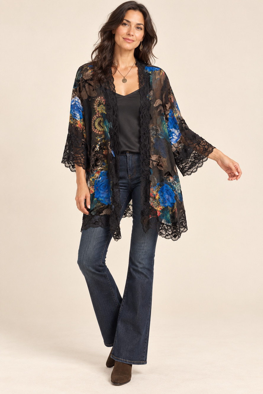 Anthropologie Mary Green O/S Sheer Silk Velvet Burnout Kimono Lace Jacket Boho